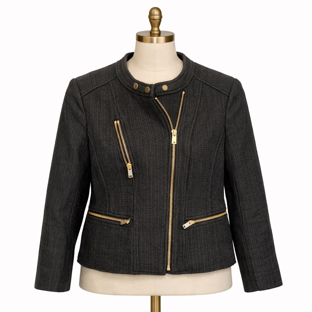 Ann Taylor Black Off Center Front gold Zipper Closure Blazer Suit Jacket  SZ 8‌‌